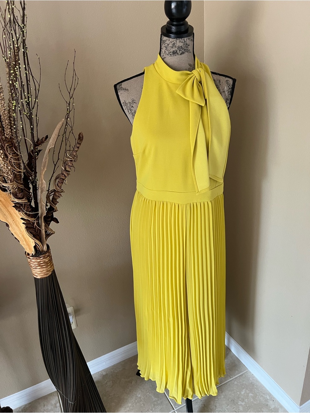 Mustard Pleated Midi Pants Dress with Neck Tie